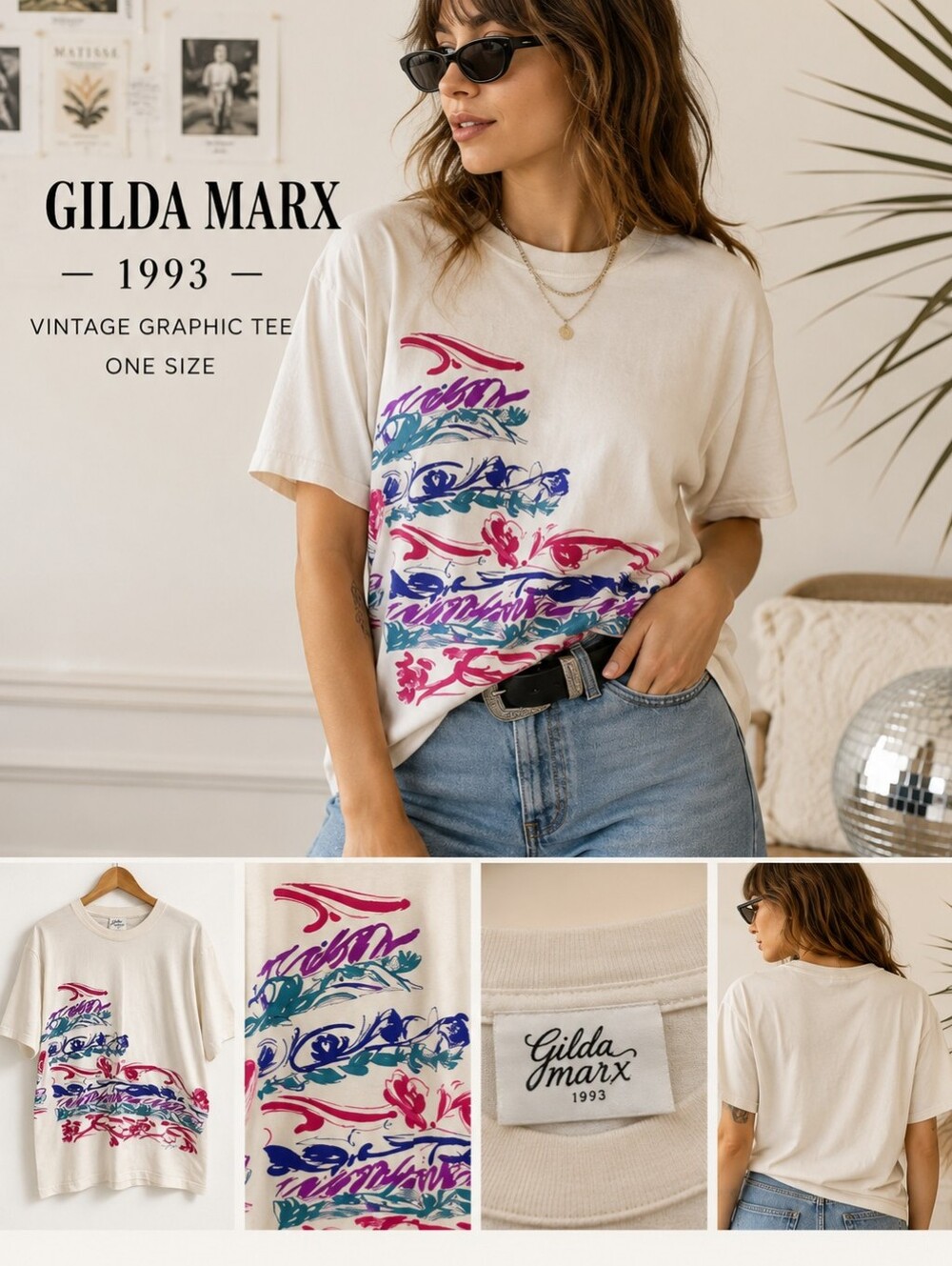 Gilda Marx Colorful Abstract Graphic T-Shirt One Size Vintage 1993 - Picture 3 of 15